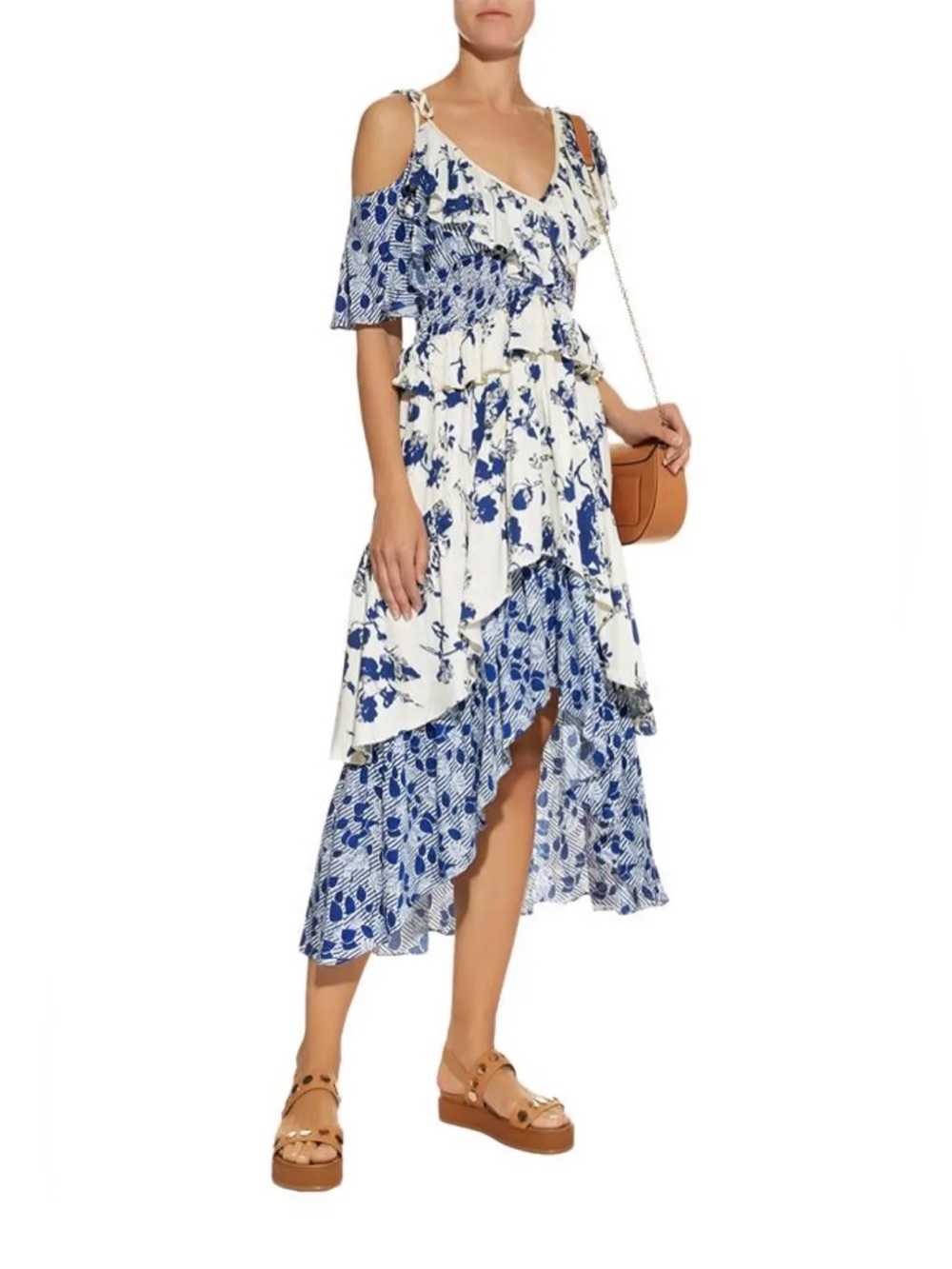 Misa Los Angeles blue and white floral tiered maxi dress medium